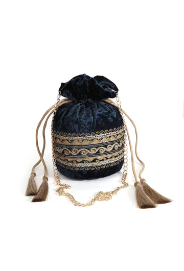 Auster Blue Velvet Tila Embroidery Potli